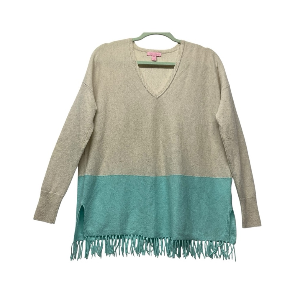 Lilly Pulitzer Cashmere S/M Colorblock Pullover Sweater V-Neck Fringe hem